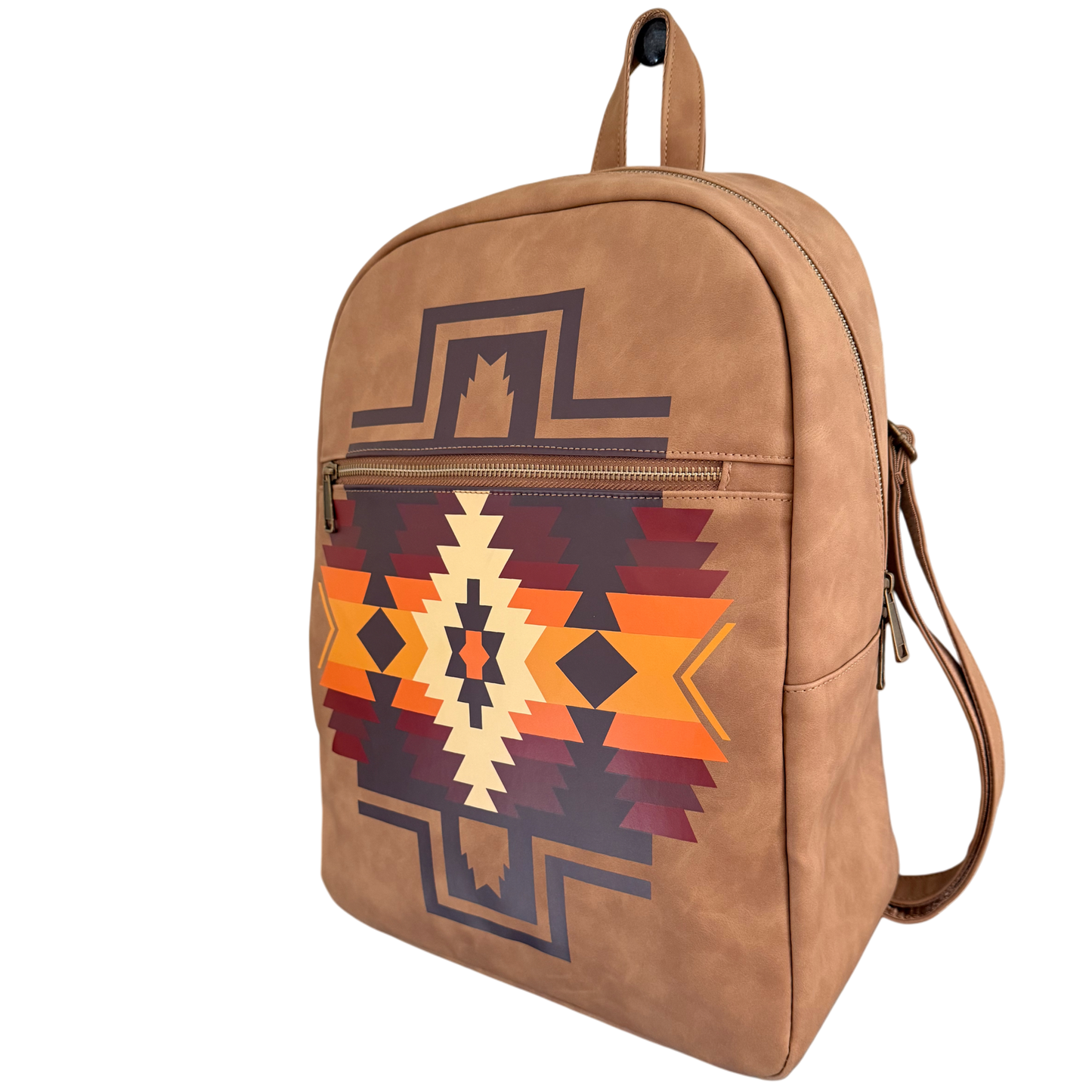 Brown backpack with geometric pattern on a white background