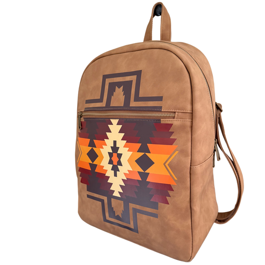 Brown backpack with geometric pattern on a white background