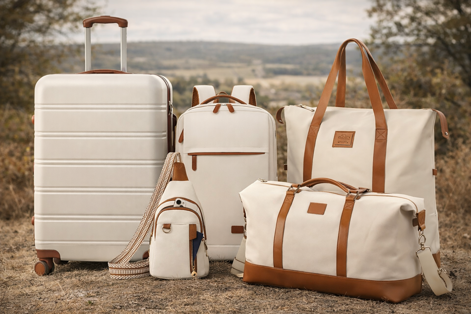 Travel set including a suitcase, backpack, sling bag, tote, and duffel with brown accents on a white background.