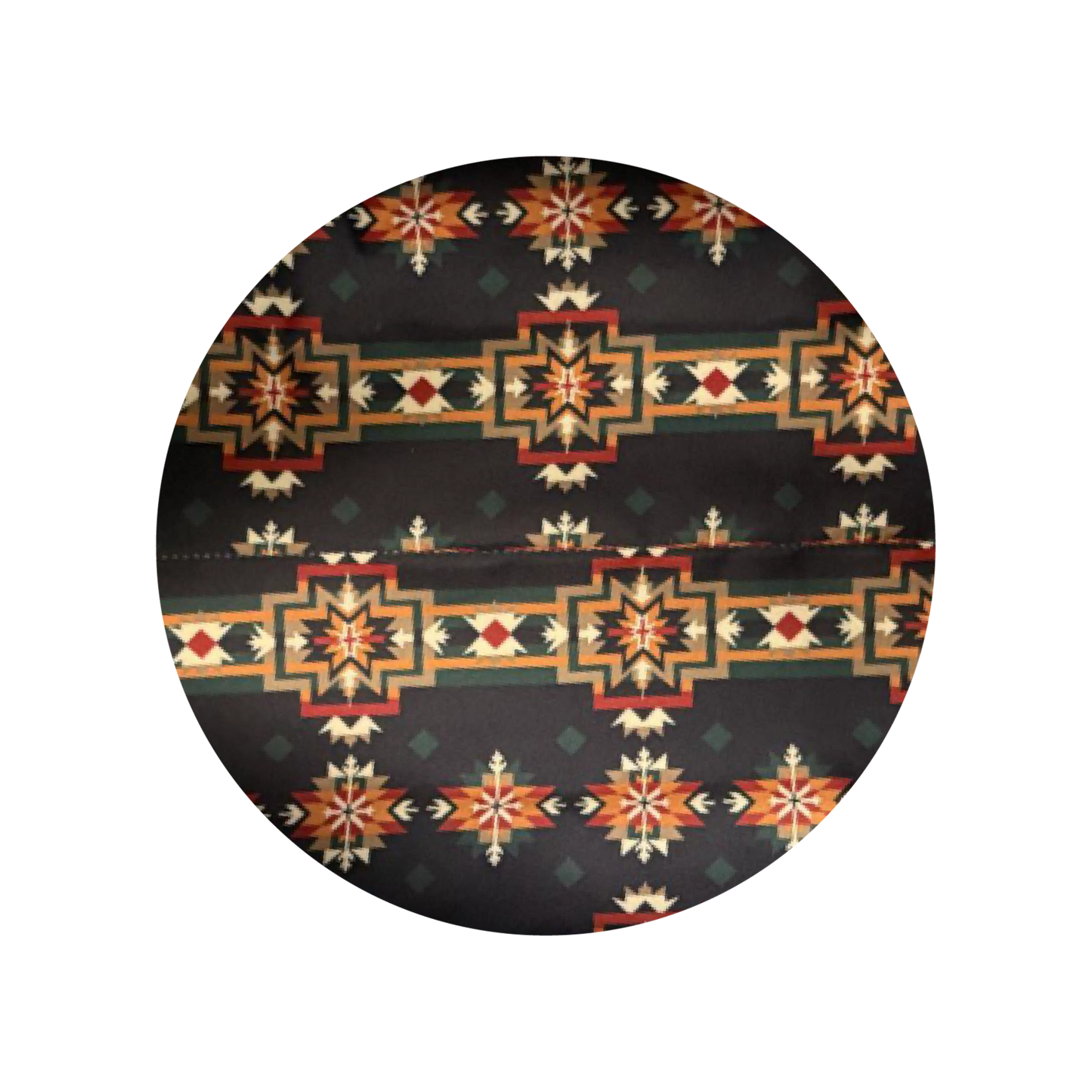 A circular fabric swatch showing a Southwestern geometric pattern on a black background with orange, red, beige, and green details.