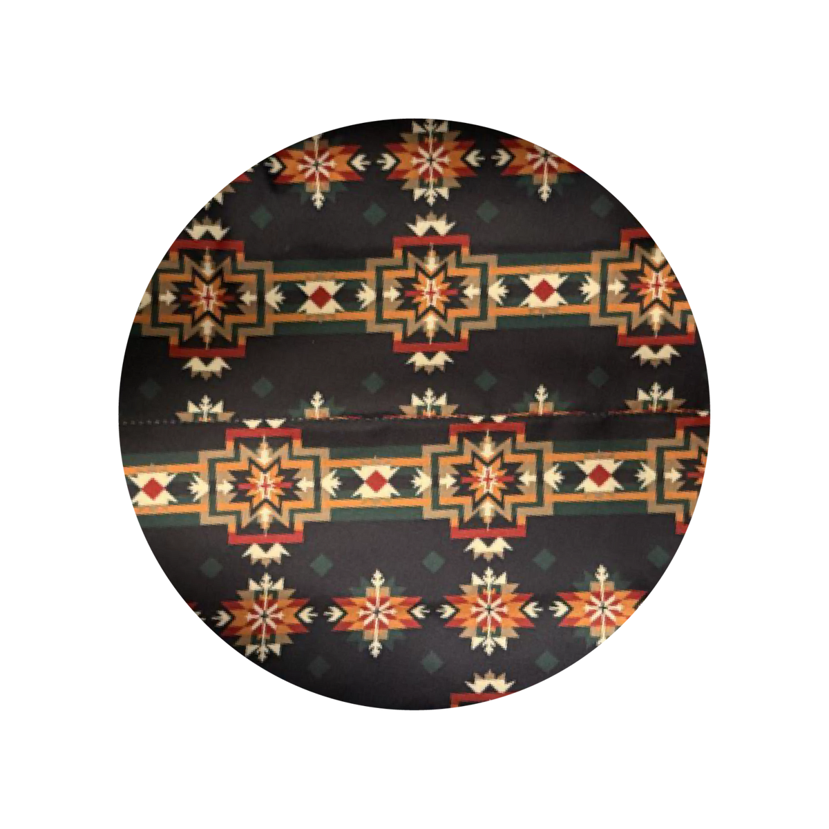 A circular fabric swatch showing a Southwestern geometric pattern on a black background with orange, red, beige, and green details.