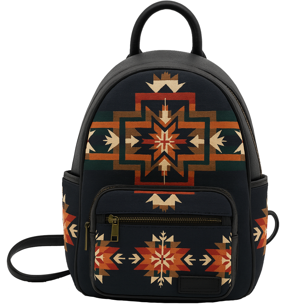 Black backpack with geometric pattern on a white background