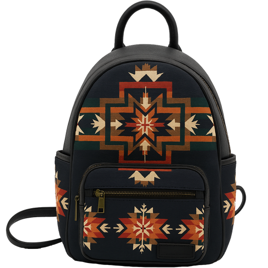 Black backpack with geometric pattern on a white background