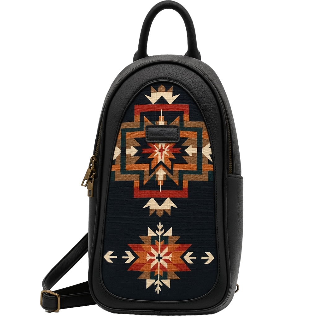 Black sling bag with geometric pattern on a white background