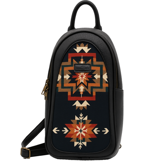 Black sling bag with geometric pattern on a white background