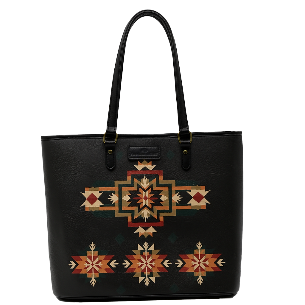 Black tote bag with geometric pattern on a white background