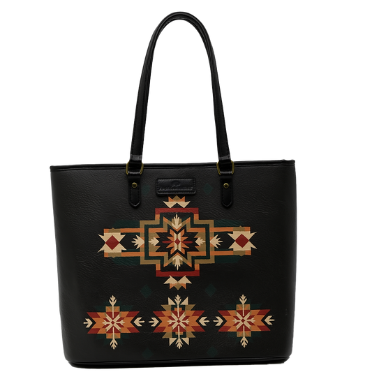 Black tote bag with geometric pattern on a white background