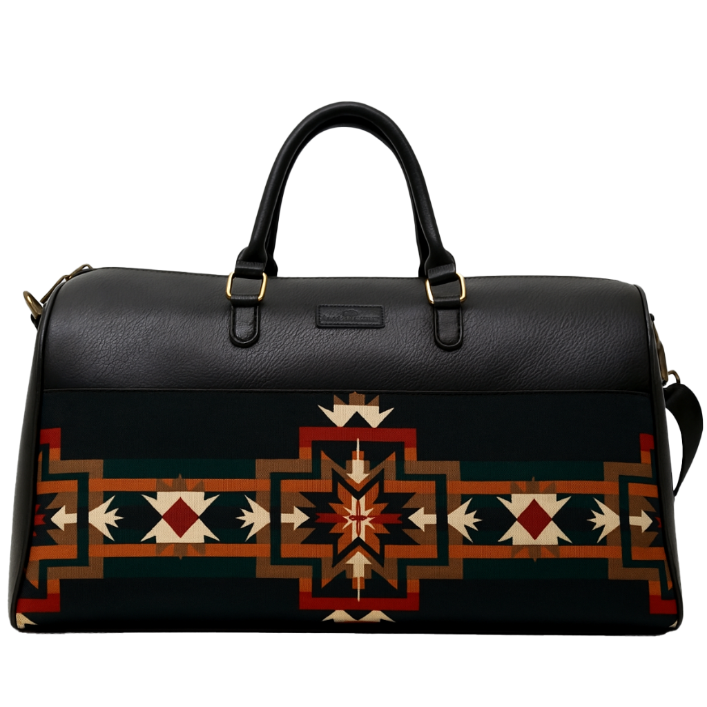 Black duffel with geometric pattern on a white background