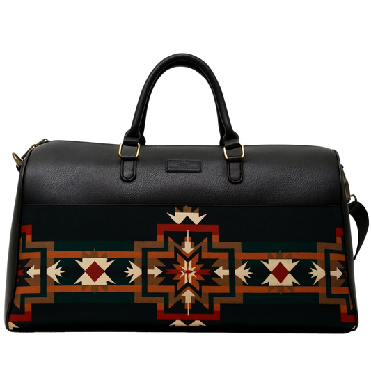 Black duffel with geometric pattern on a white background