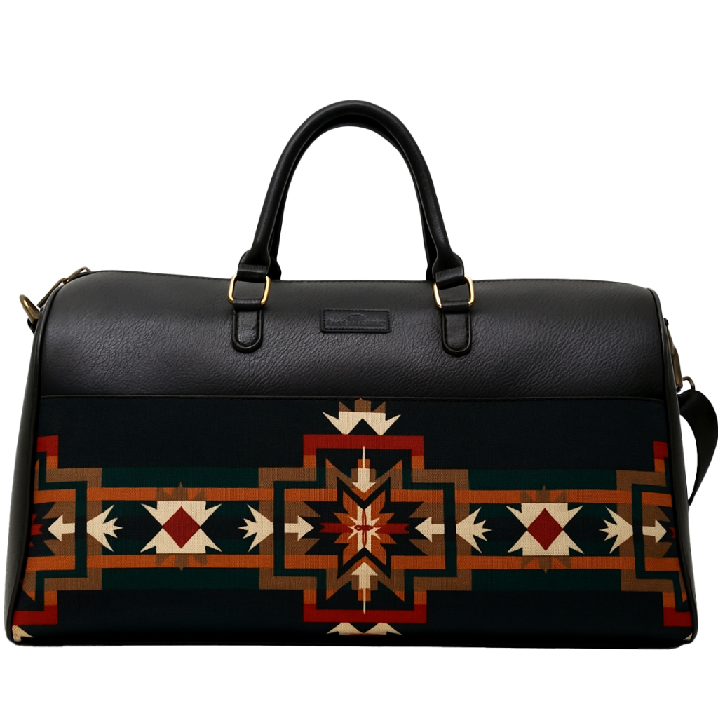 Black handbag with geometric pattern on a transparent background
