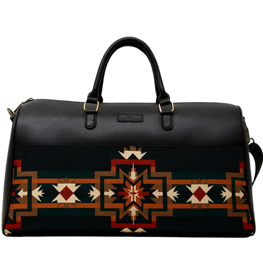 Black handbag with geometric pattern on a transparent background