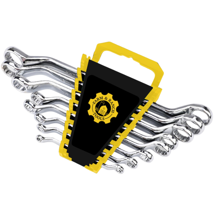 Set of wrenches in a black and yellow case with a visible brand logo on a white background