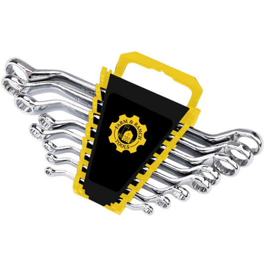 Set of wrenches in a black and yellow case with a visible brand logo on a white background