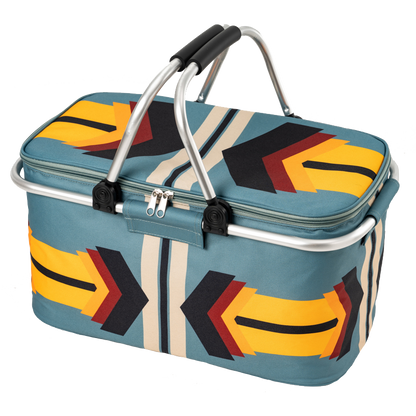 Multicolored patterned picnic basket with handles on a white background