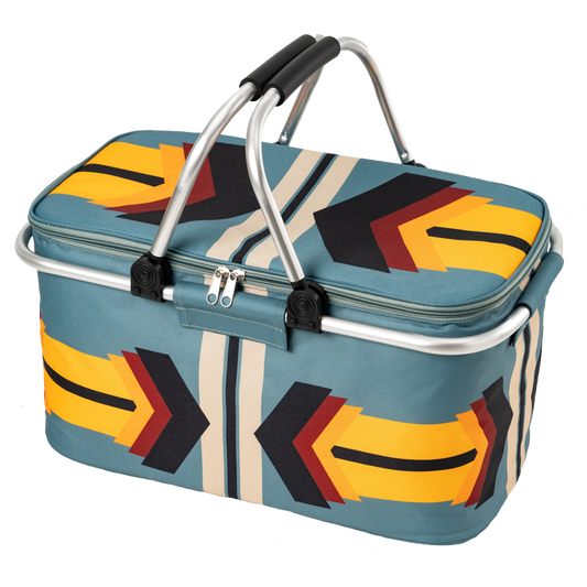 Multicolored patterned picnic basket with handles on a white background