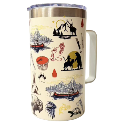Travel mug with scenic illustrations on a white background