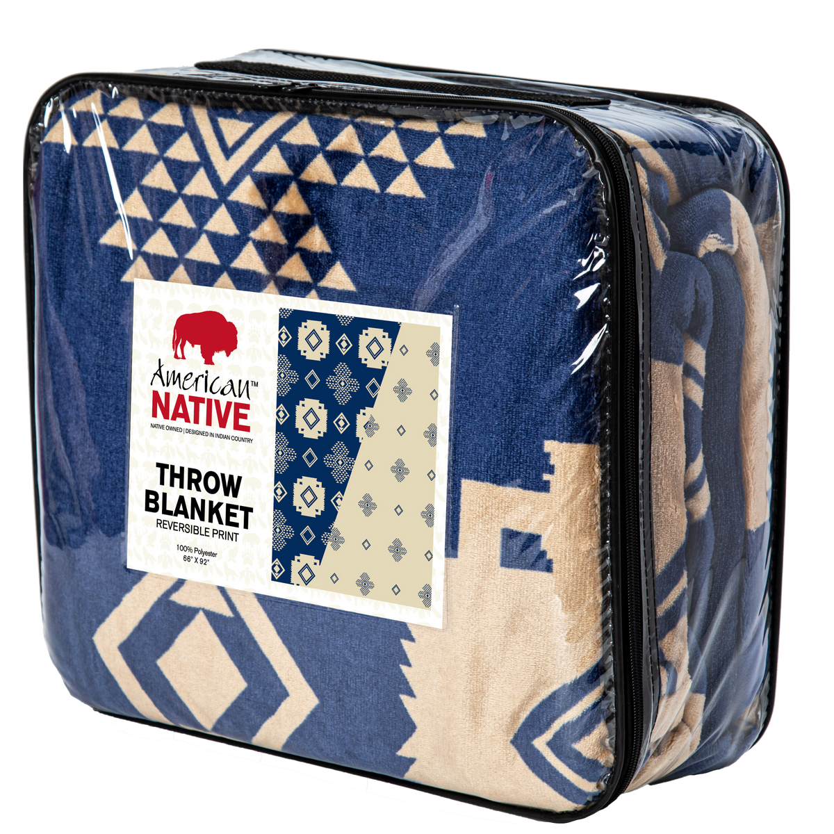 Packaged throw blanket with American Native branding on a white background
