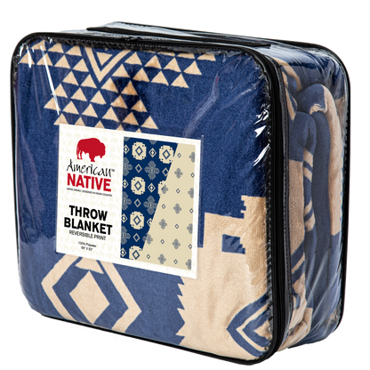 Packaged throw blanket with American Native branding on a white background