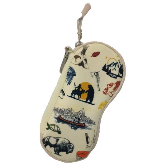 Small eye glass pouch with scenic illustrations on a white background