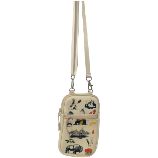 Beige crossbody bag with scenic illustrations on a white background