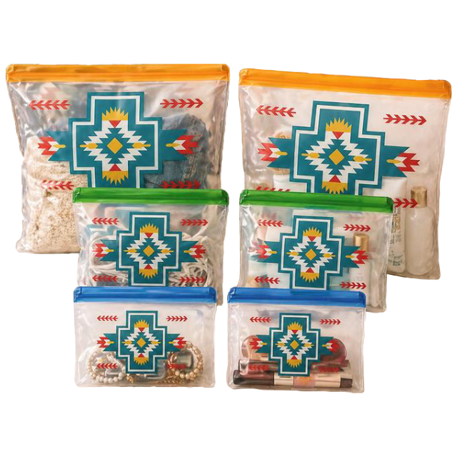 Set of six food storage bags with geometric designs on a white background