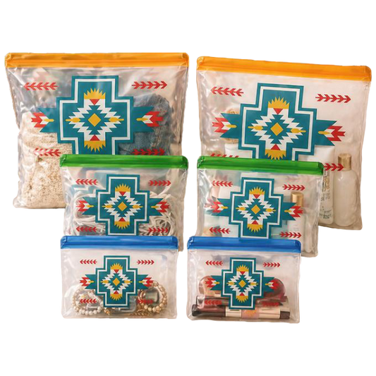 Set of six food storage bags with geometric designs on a white background