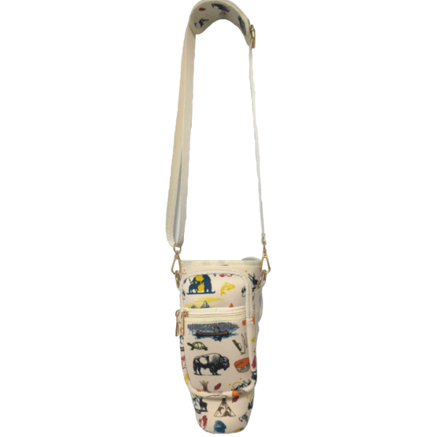 Water bottle pouch with scenic pattern and strap on a white background