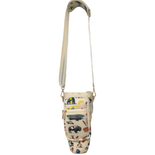 Water bottle pouch with scenic pattern and strap on a white background