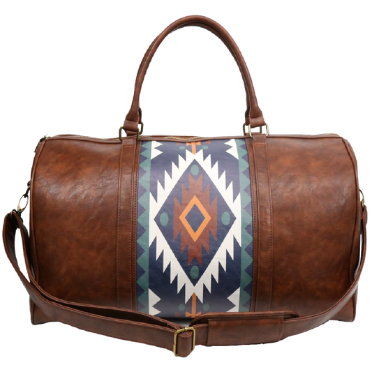 Brown leather duffel bag with geometric pattern on a white background