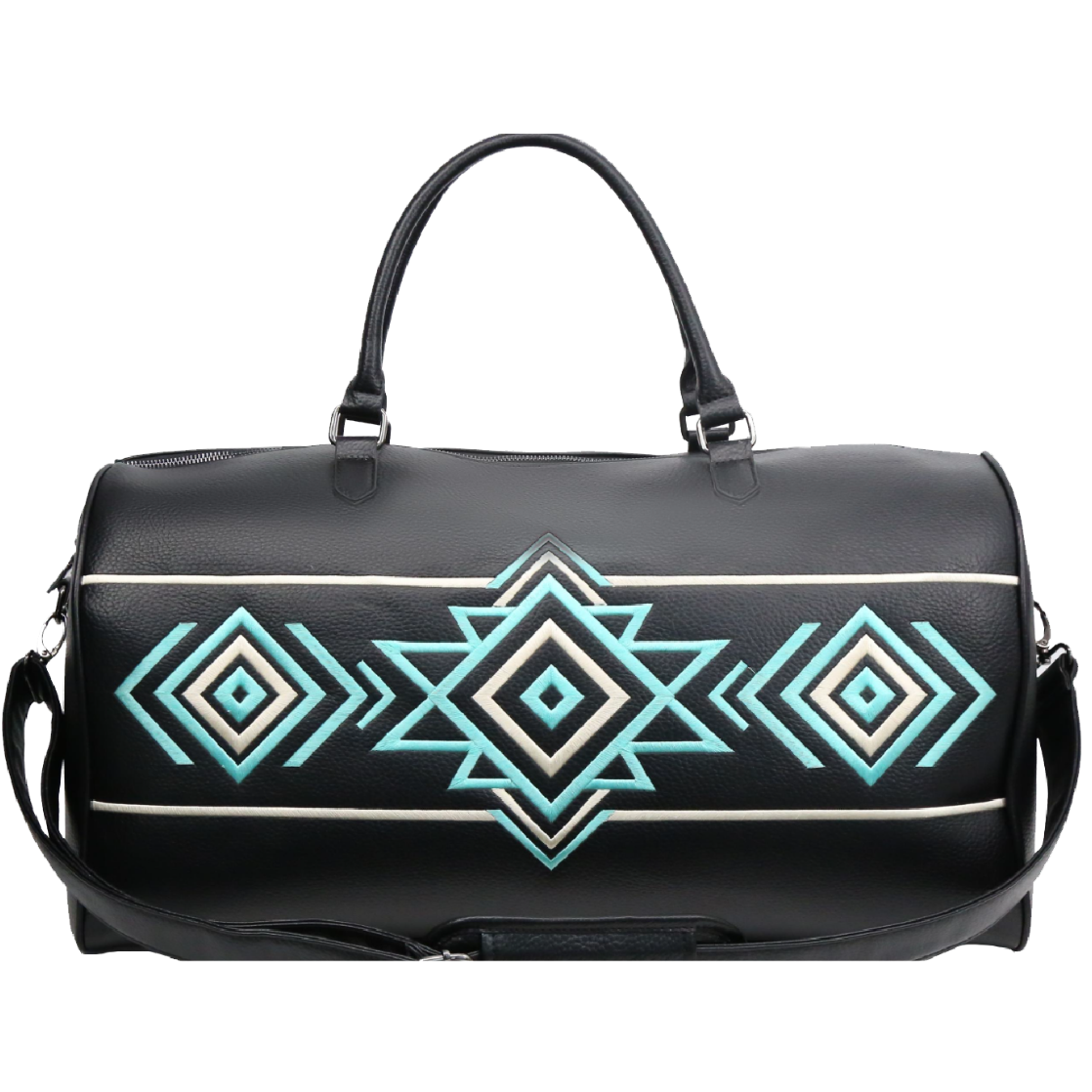 Black duffel bag with geometric teal and white patterns on a white background