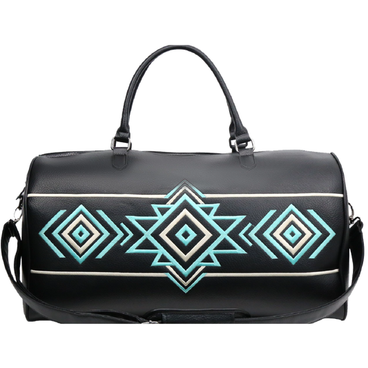 Black duffel bag with geometric teal and white patterns on a white background