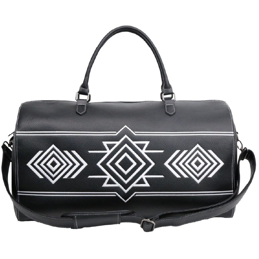 Black duffel bag with white geometric patterns on a white background