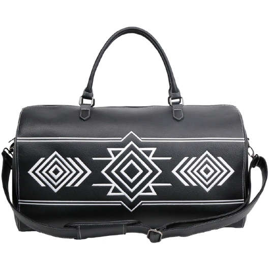 Black duffel bag with white geometric patterns on a white background