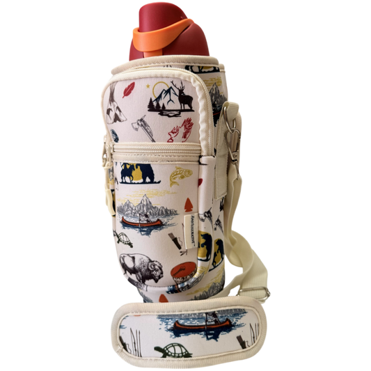 A cream-colored insulated bottle carrier with a colorful outdoor-themed print featuring bison, mountains, and boats, shown with a red and orange bottle inside on a white background.