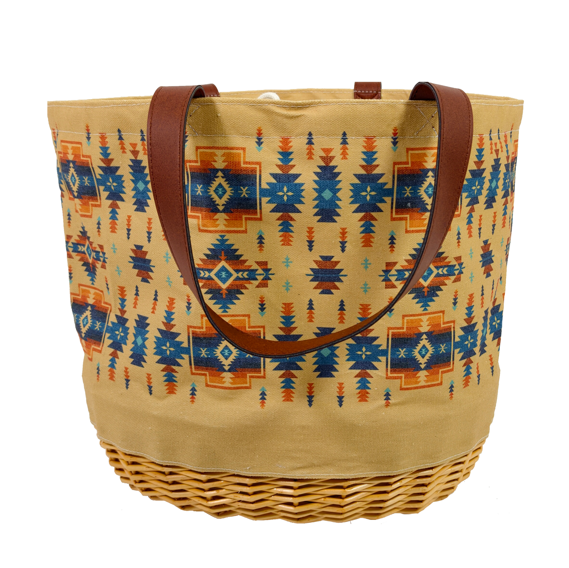 Woven basket with a patterned top on a white background
