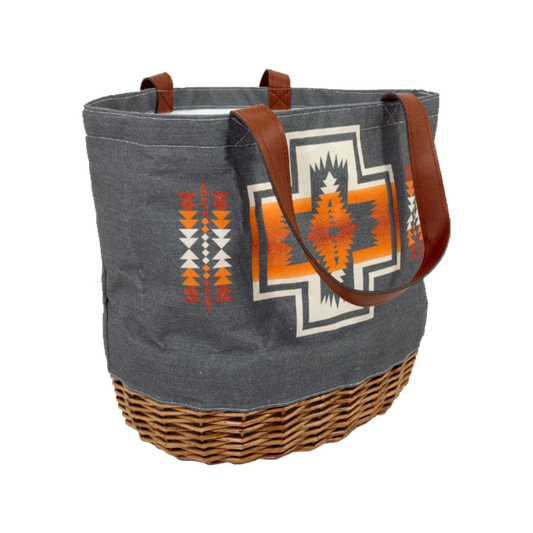 Tote bag with wicker base and tribal design on a white background