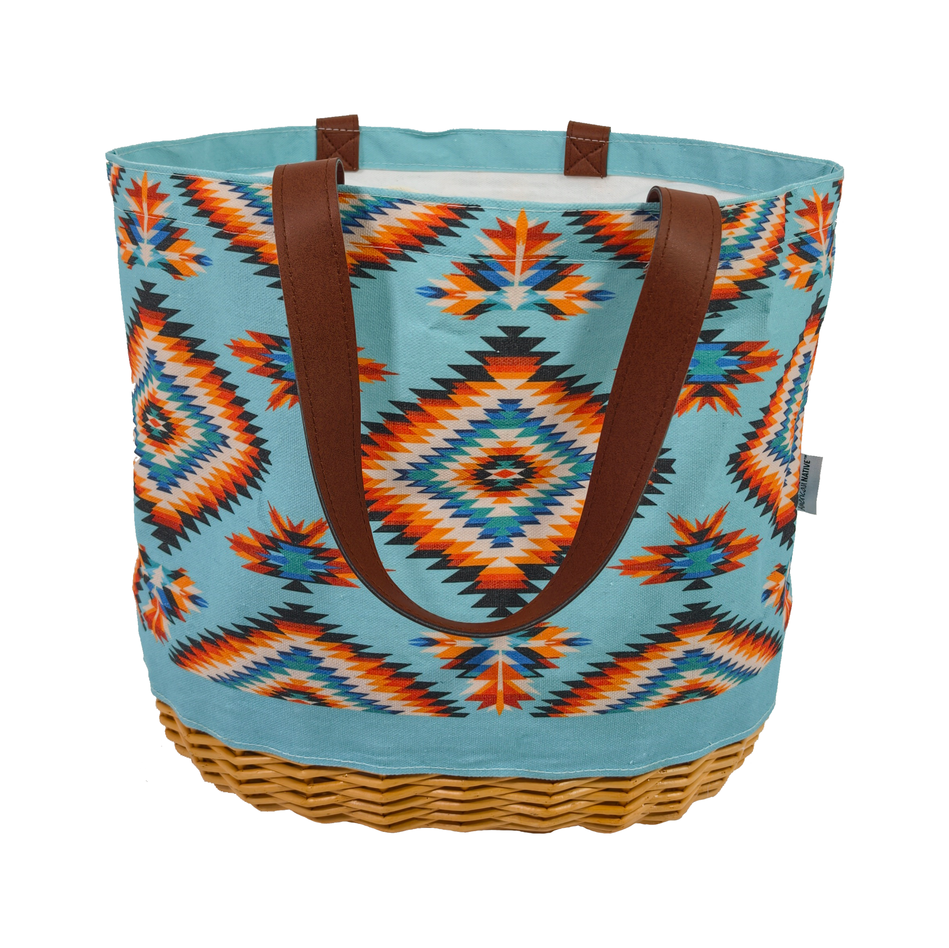 Tote bag with geometric pattern and brown handles on a white background