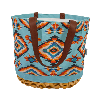 Tote bag with geometric pattern and brown handles on a white background