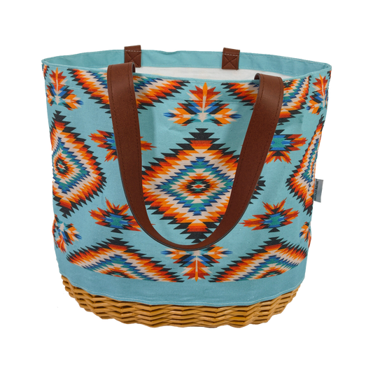 Tote bag with geometric pattern and brown handles on a white background