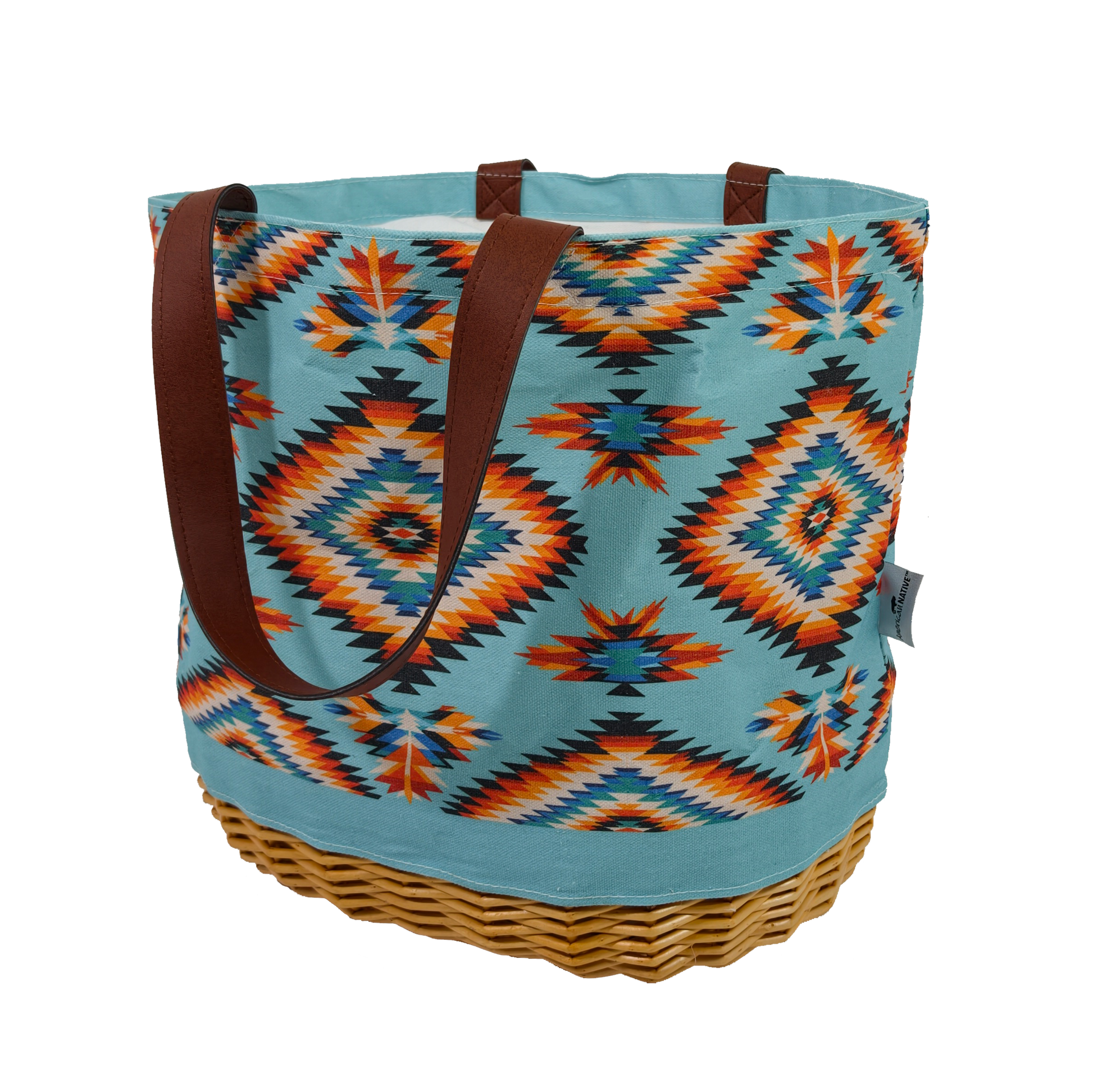 Tote bag with geometric pattern and brown handles on a white background