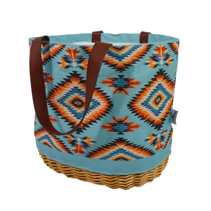 Tote bag with geometric pattern and brown handles on a white background