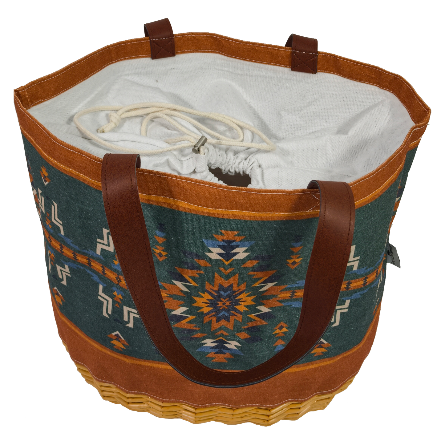Decorative bag with tribal patterns and brown handles on a white background