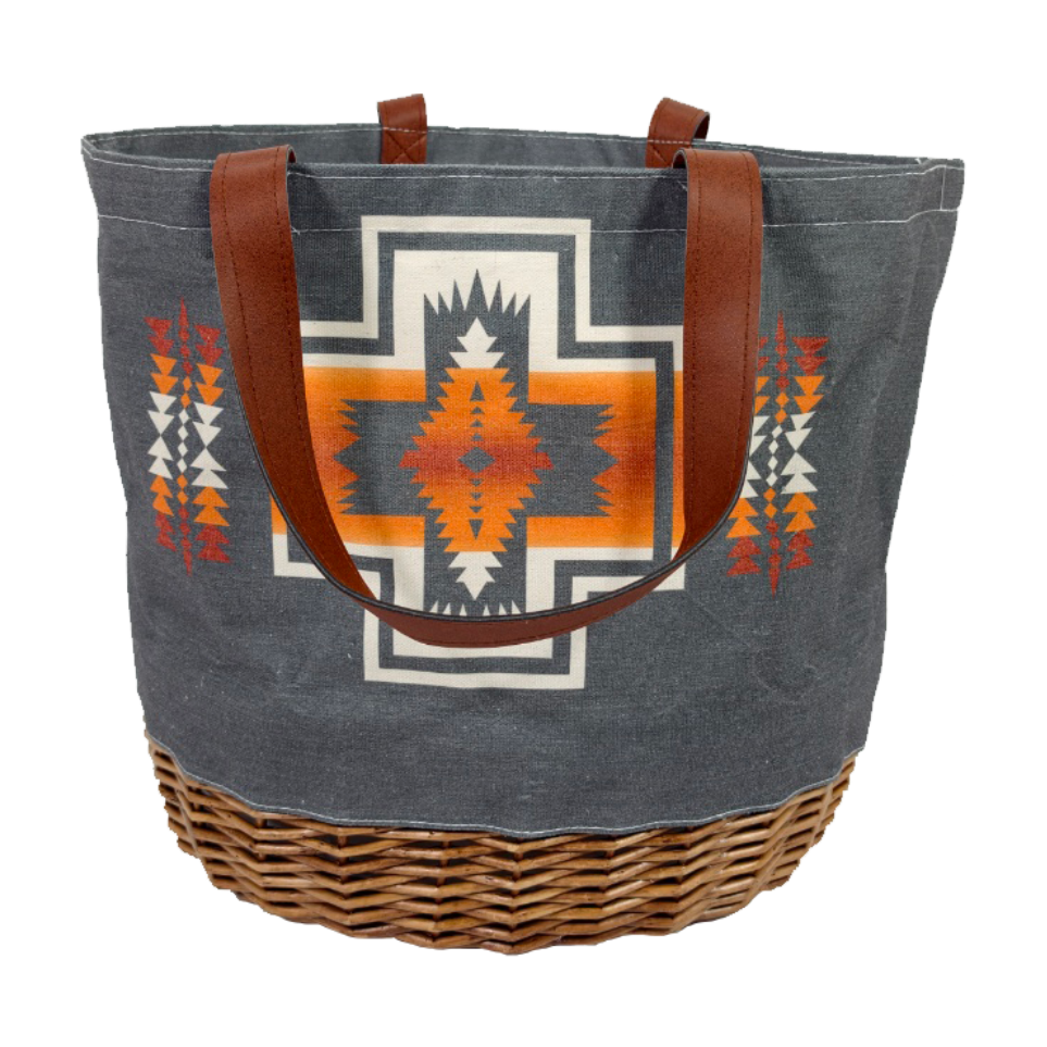Tote bag with geometric pattern and wicker base on a white background