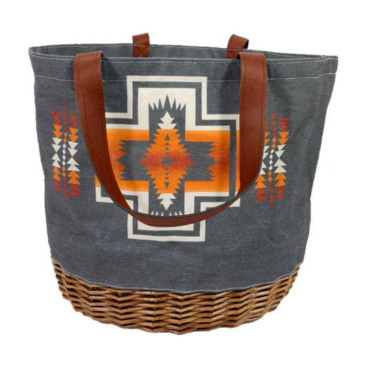 Tote bag with geometric pattern and wicker base on a white background