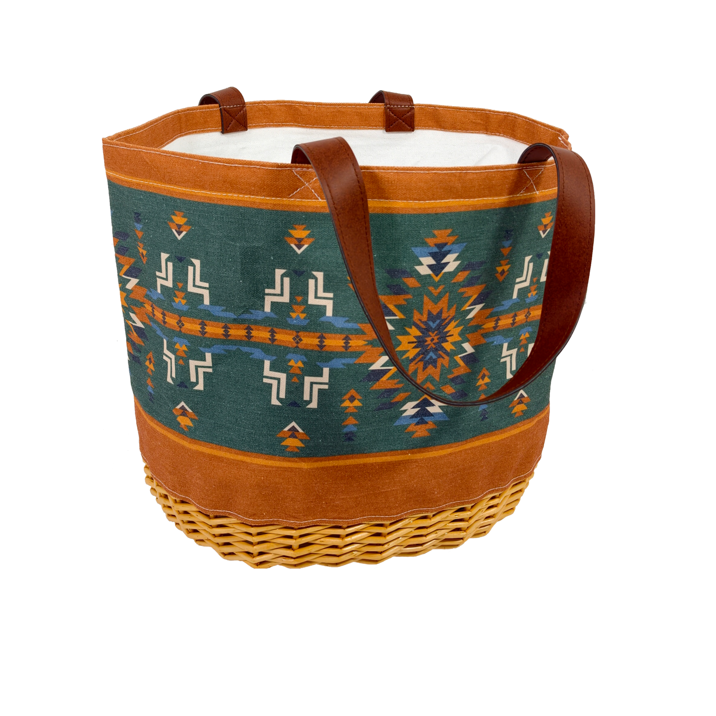 Woven basket with a patterned lid on a white background