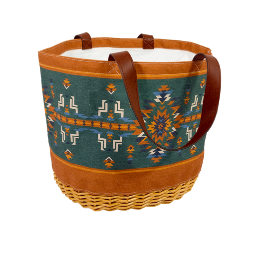 Woven basket with a patterned lid on a white background