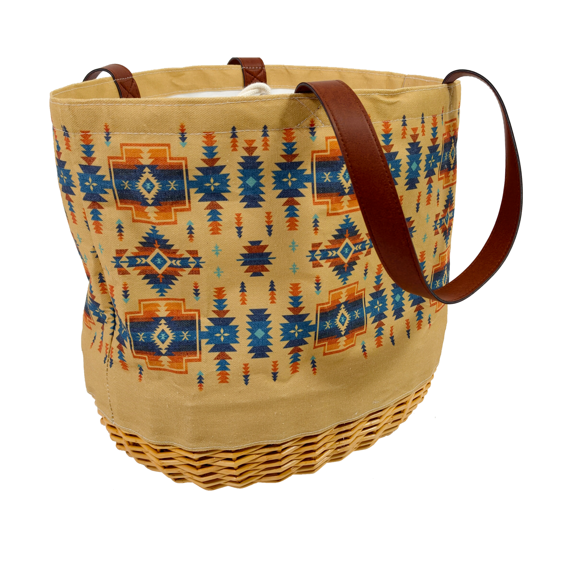 Woven basket with patterned design and brown handles on a white background