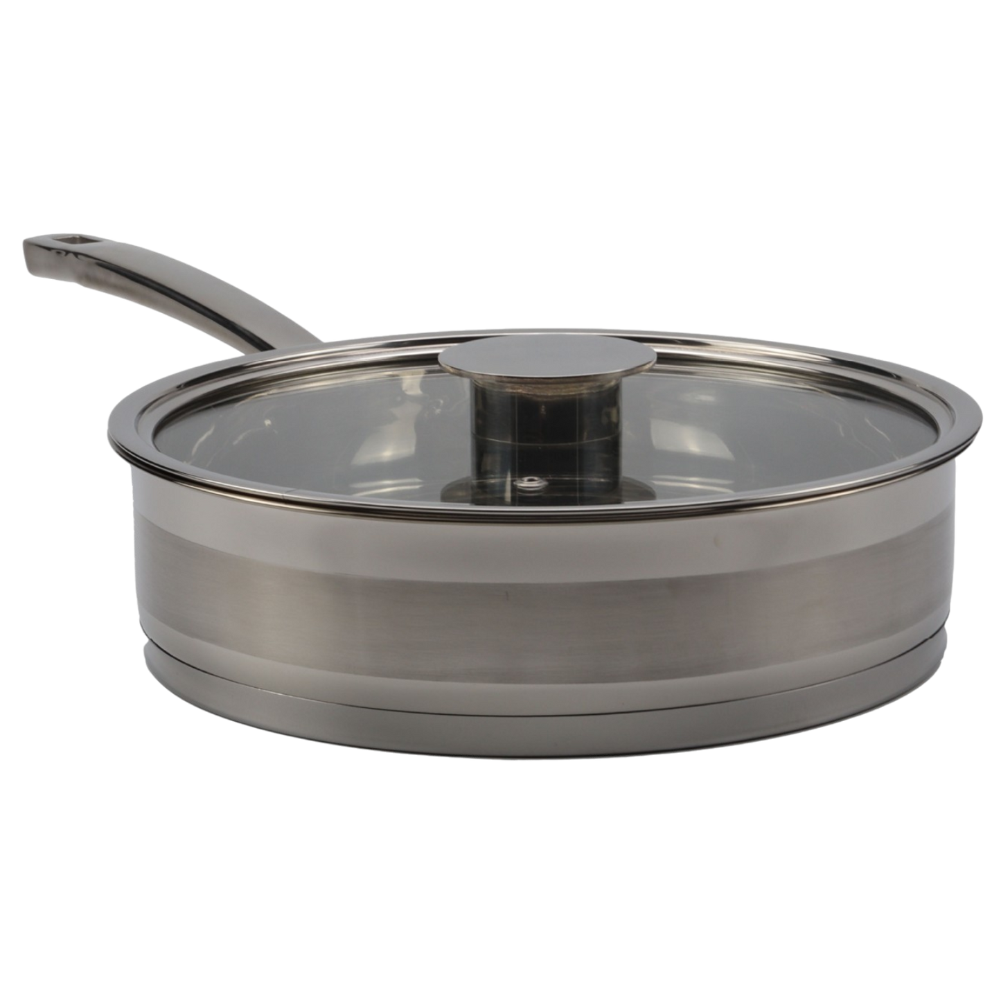Stainless steel sauté pan with glass lid on a white background