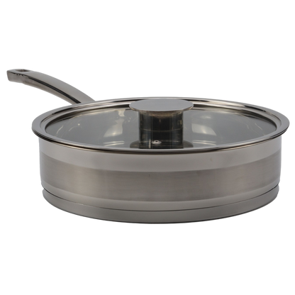 Stainless steel sauté pan with glass lid on a white background