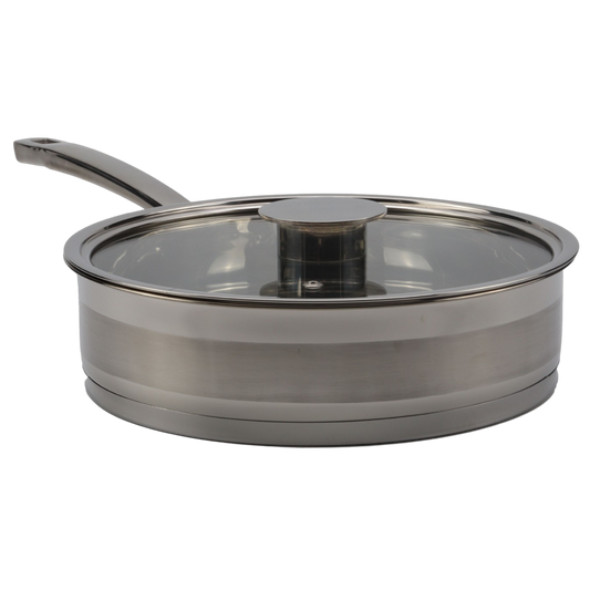 Stainless steel sauté pan with glass lid on a white background